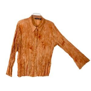 NWOT ESSENTIALS BY MILANO Shirt XL Orange Crinkle Pleat Glitter Button Stretch